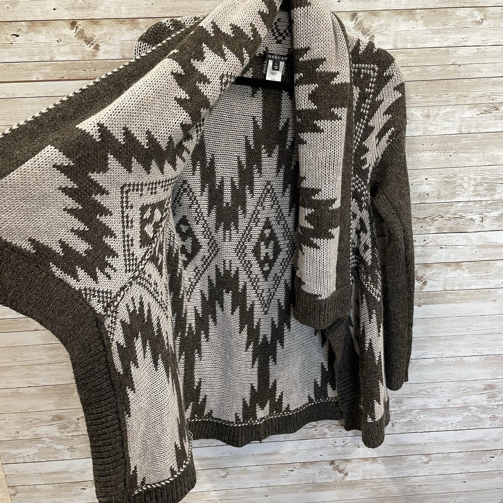 Hannah Womens L Sweater Open Cardigan Gray Southwestern Aztec Scarf Collar - Picture 4 of 10